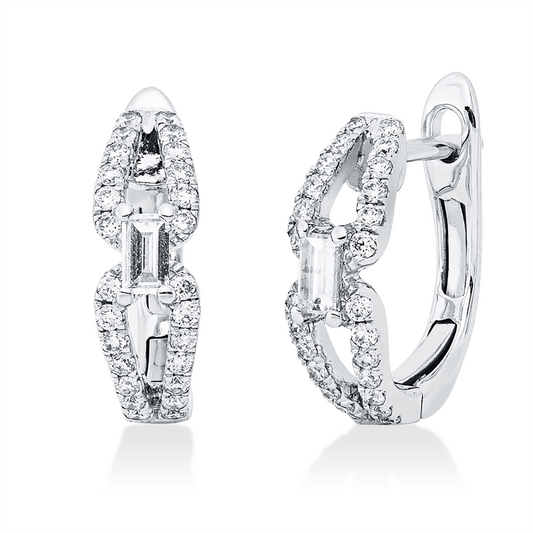 Creolen 18 kt WG, 32 Brill. 0,20 ct, TW-si, 20 Brill. 0,10 ct, TW-si, 2 Bag. 0,14 ct, TW-vsi