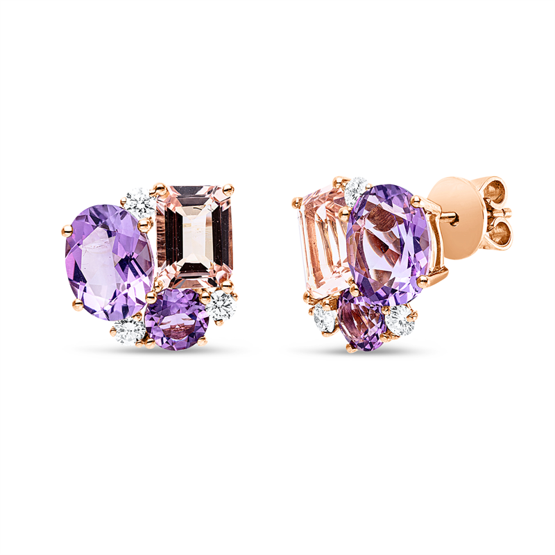 Ohrstecker 18 kt RG, 6 Brill. 0,42 ct, TW-si, 2 Amethyste 1,00 ct pink, 2 Amethyste 3,60 ct pink, 2 Morganit 3,10 ct rosa