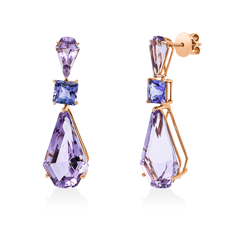 Ohrschmuck 18 kt RG, 2 Amethyste 2,50 ct pink, 2 Tansanit 2,40 ct blau, 2 Amethyste 18,00 ct pink