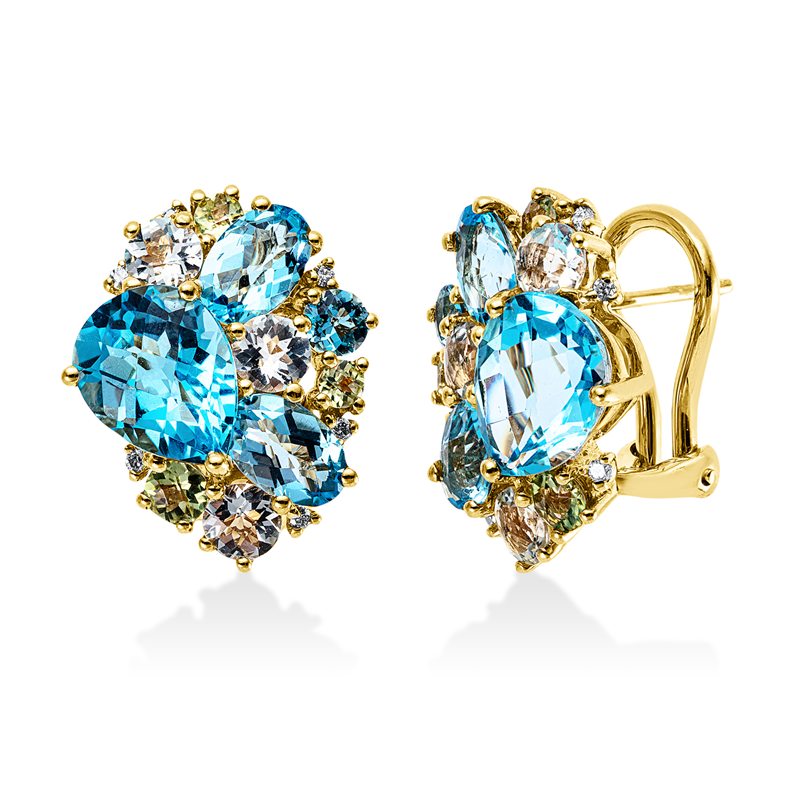 Creolen 18 kt GG, 12 Brill. 0,08 ct, TW-si, 12 Fant-Schl 1,70 ct, multi-color, 8  Topase 6,50 ct, blau