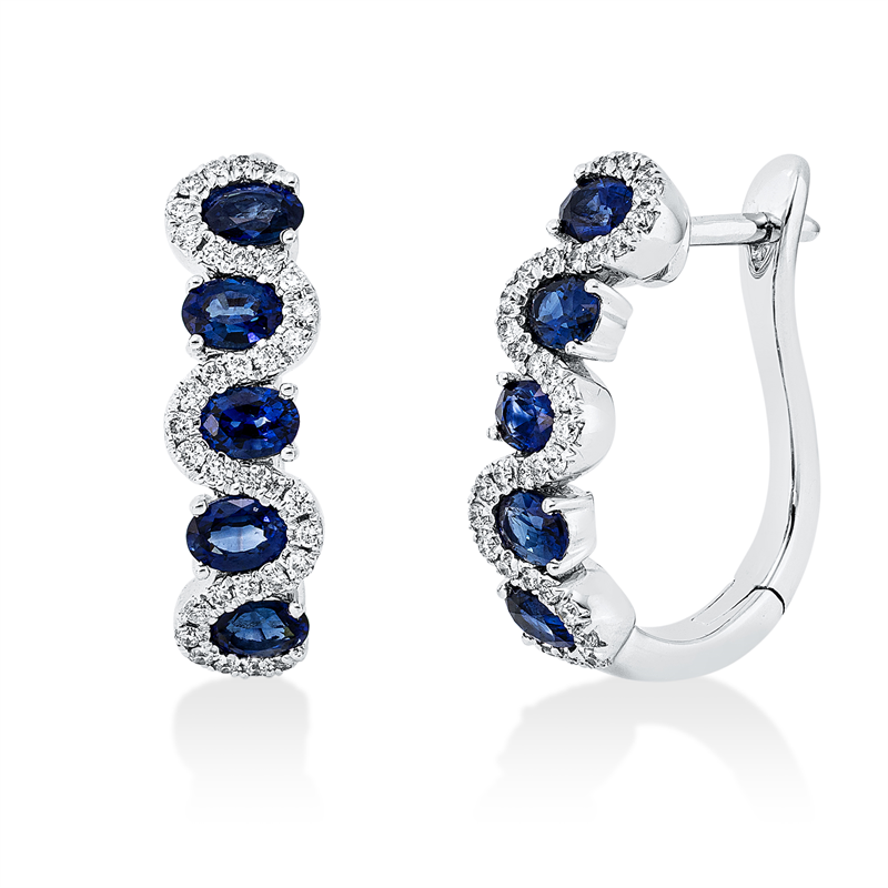 Ohrschmuck 18 kt WG, 10 Saphire 1,26 ct blau, 66 Brill. 0,22 ct, TW-si