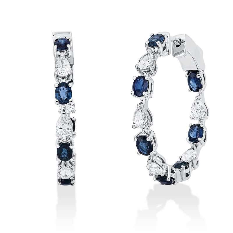 Creolen 18 kt WG, 10 Tropfen 1,40 ct, TW-vsi/si, 14 Saphire 2,94 ct blau