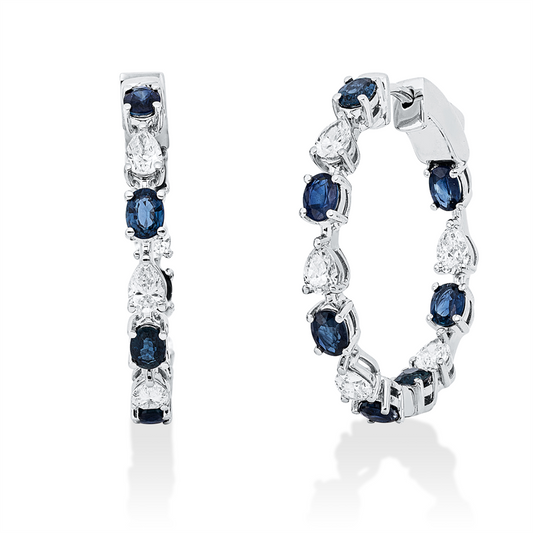 Creolen 18 kt WG, 10 Tropfen 1,40 ct, TW-vsi/si, 14 Saphire 2,94 ct blau