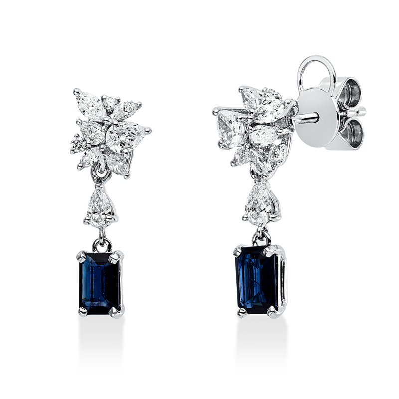 Ohrschmuck 18KW, 6 Tropfen 0,54ct, 8 Nav.0,31ct, TW-vsi/si, 4 Brill.0,06ct, TW-si, 2 Saphire 1,05ct blau