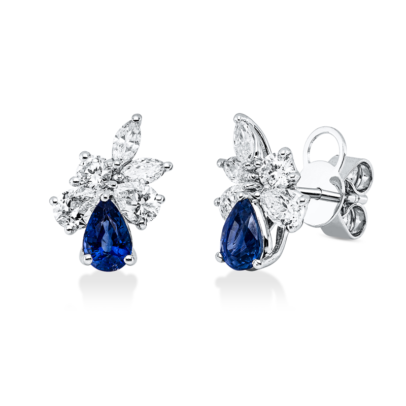 Ohrstecker 18KW, 4 Tropfen 0,63ct, 4 Nav.0,29ct, TW-vsi/sii, 2 Brill.0,21ct, TW-si, 2 Saphire 1,08ct blau