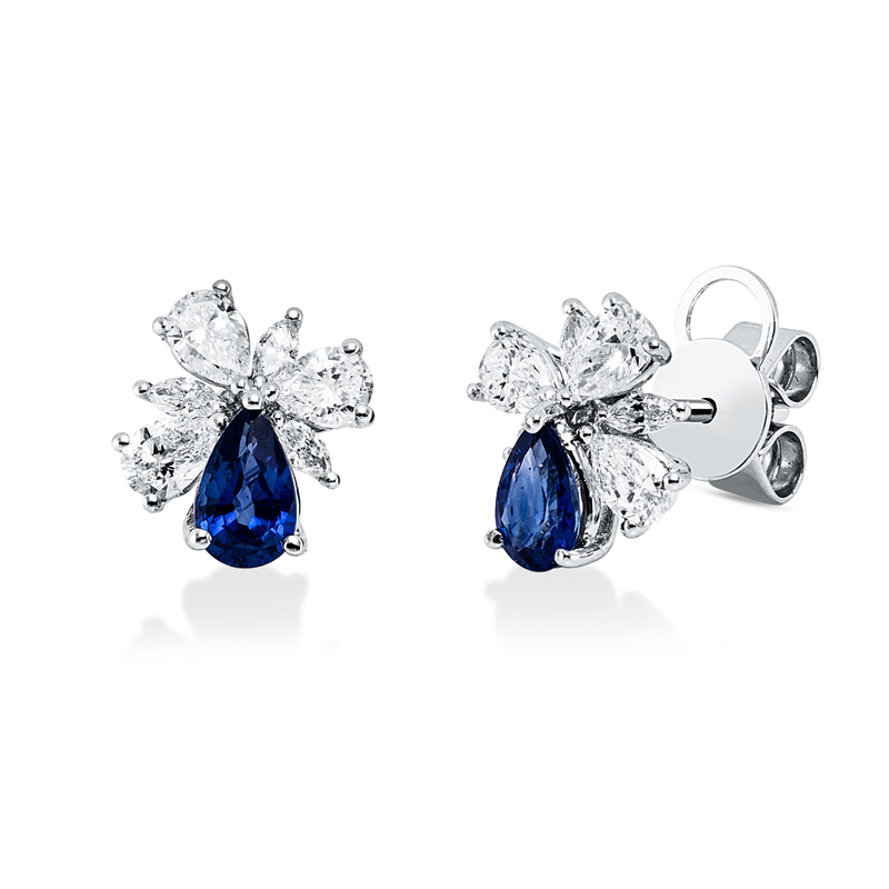 Ohrstecker 18 kt WG, 6 Tropfen 0,76 ct, TW-vsi/si, 6 Nav. 0,17 ct, TW-vsi/si, 2 Saphire 0,84 ct blau