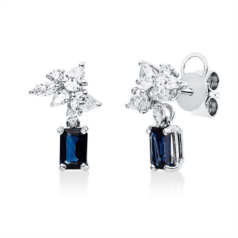 Ohrschmuck 18KW, 6 Tropfen 0,66ct, 4 Nav.0,19ct, TW-vsi/si, 2 Brill.0,07ct, TW-si, 2 Saphire 1,02ct blau