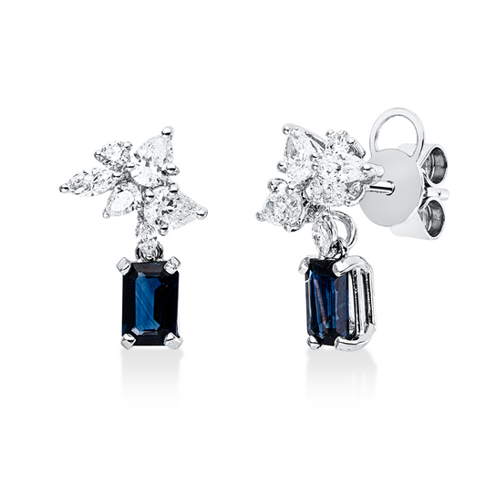 Ohrschmuck 18KW, 6 Tropfen 0,66ct, 4 Nav.0,19ct, TW-vsi/si, 2 Brill.0,07ct, TW-si, 2 Saphire 1,02ct blau