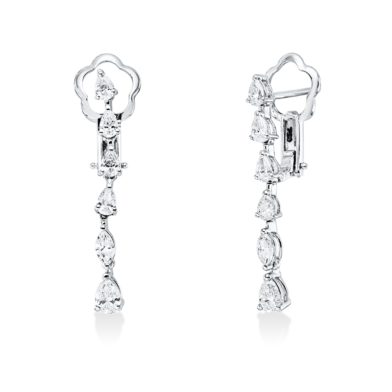 Ohrschmuck 18 kt WG, 2 Tropfen 0,35 ct, E-vsi/si, 8 Tropfen 0,65 ct, E-vsi/si, 2 Nav. 0,17 ct, E-vsi/si