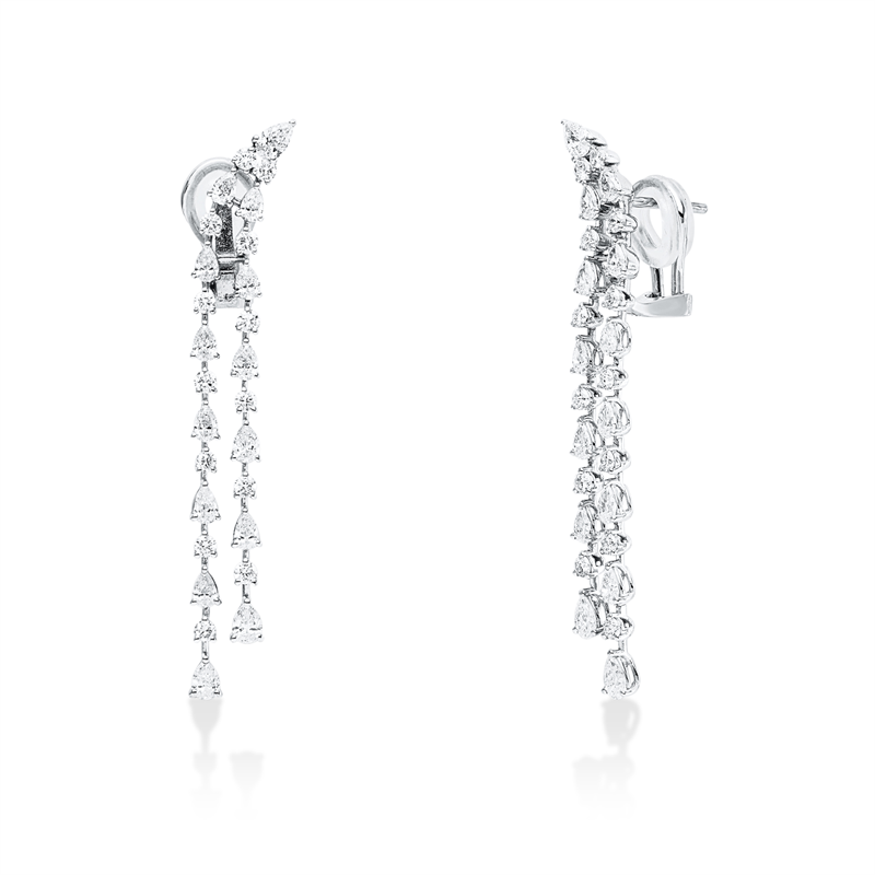 Ohrschmuck 18 kt WG, 6 Tropfen 0,75 ct, F-vsi/si, 22 Tropfen 1,69 ct, F-vsi/si, 26 Brill. 1,00 ct, F-vsi/si