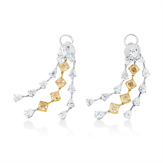 Ohrschmuck 18 kt WG+GG, 24 Tropfen 6,83 ct, D/TW-vsi/si, 8 Cushion 4,84 ct, gelb-vsi/si