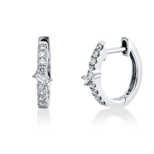Creolen 18 kt WG, 2 Trap. 0,06 ct, TW-si, 16 Brill. 0,14 ct, TW-si