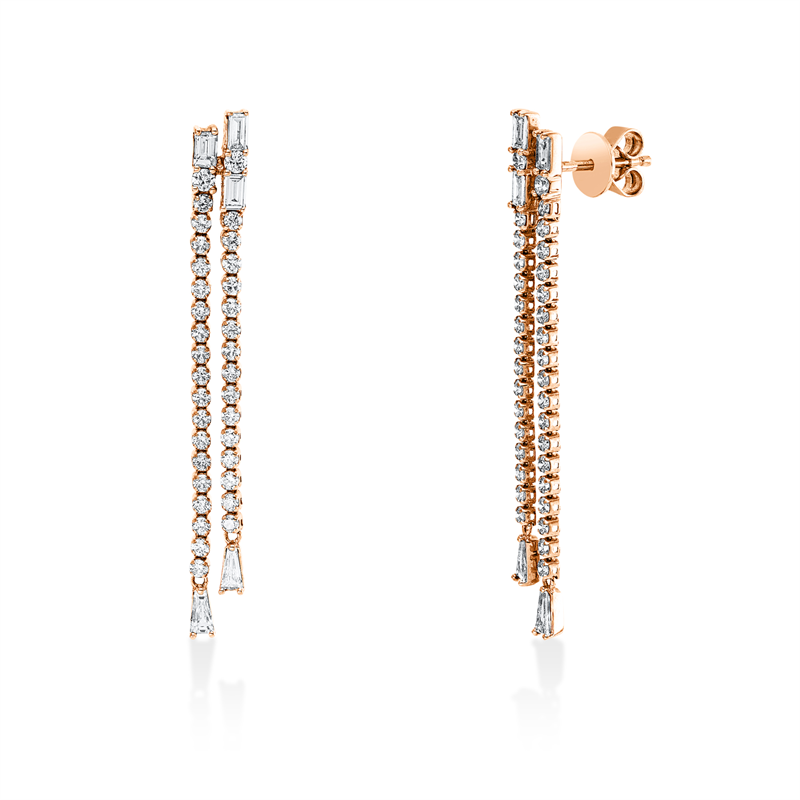 Ohrschmuck 18 kt RG, 6 Bag. 0,30 ct, TW-vsi/si, 4 Trap. 0,18 ct, TW-vsi/si, 70 Brill. 0,98 ct, TW-si