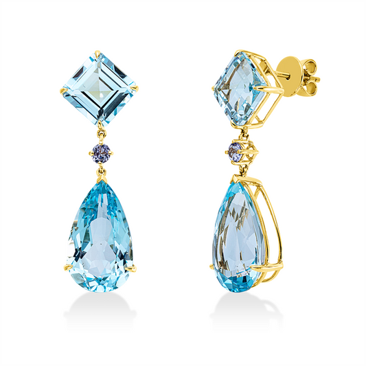 Ohrschmuck 18 kt GG, 2 9,70 ct, 2 Topase 9,70 ct sky, 2 Topase 17,30 ct sky, 2 Tansanit 0,30 ct blau
