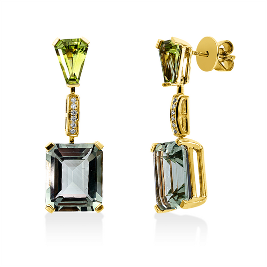 Ohrschmuck 18 kt GG, 12 Brill. 0,07 ct, TW-si, 2 Amethyste 10,30 ct grün, 2 Peridot 2,00 ct grün