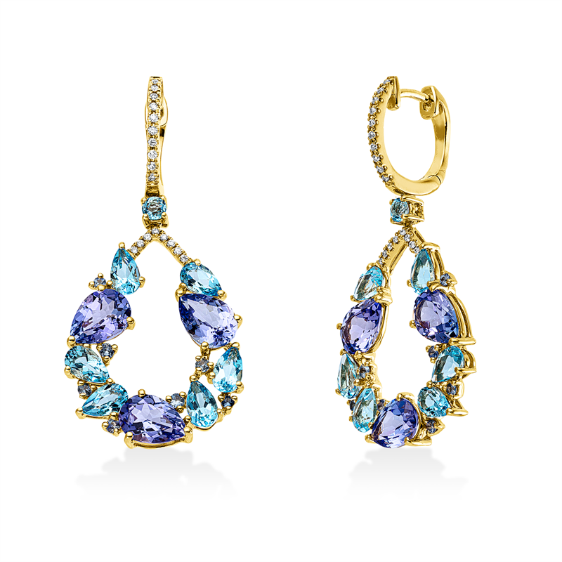 Ohrschmuck 18ktGG,36 Brill.0,14ct, TW-si,14 Topase 3,20ct, 6 Tansanit 4,70ct, 14 Saphire 0,27ct blau