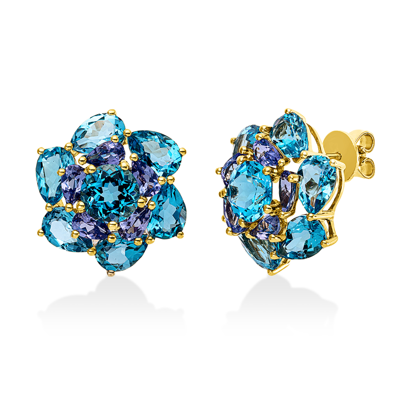 Ohrstecker 18 kt GG, 12 Topase 10,00 ct blau, 2 Topase 3,40 ct blau, 10 Tansanit 2,00 ct blau