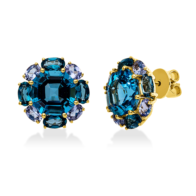 Ohrstecker 18 kt GG, 8 Topase 2,10 ct Lond. blue, 2 Topase 8,10 ct blau, 8 Tansanit 1,50 ct blau