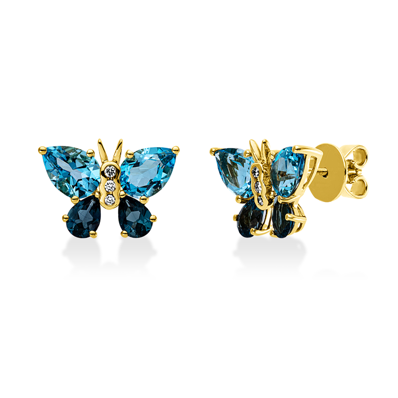 Ohrstecker 18 kt GG, 6 Brill. 0,05 ct, TW-si, 4 Topase 3,40 ct blau, 4 Topase 1,20 ct Lond. blue