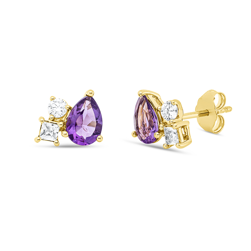 Ohrstecker 18 kt GG, 2 Brill. 0,16 ct, TW-si, 2 Amethyste 1,12 ct lila, 2 Aquamarin 0,17 ct