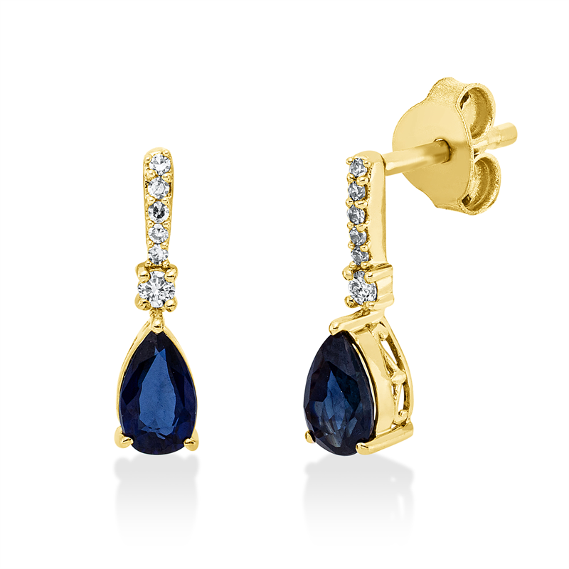 Ohrschmuck 18 kt GG, 2 Brill. 0,03 ct, TW-si, 10 Dia. 0,02 ct, TW-si, 2 Saphire 0,55 ct blau