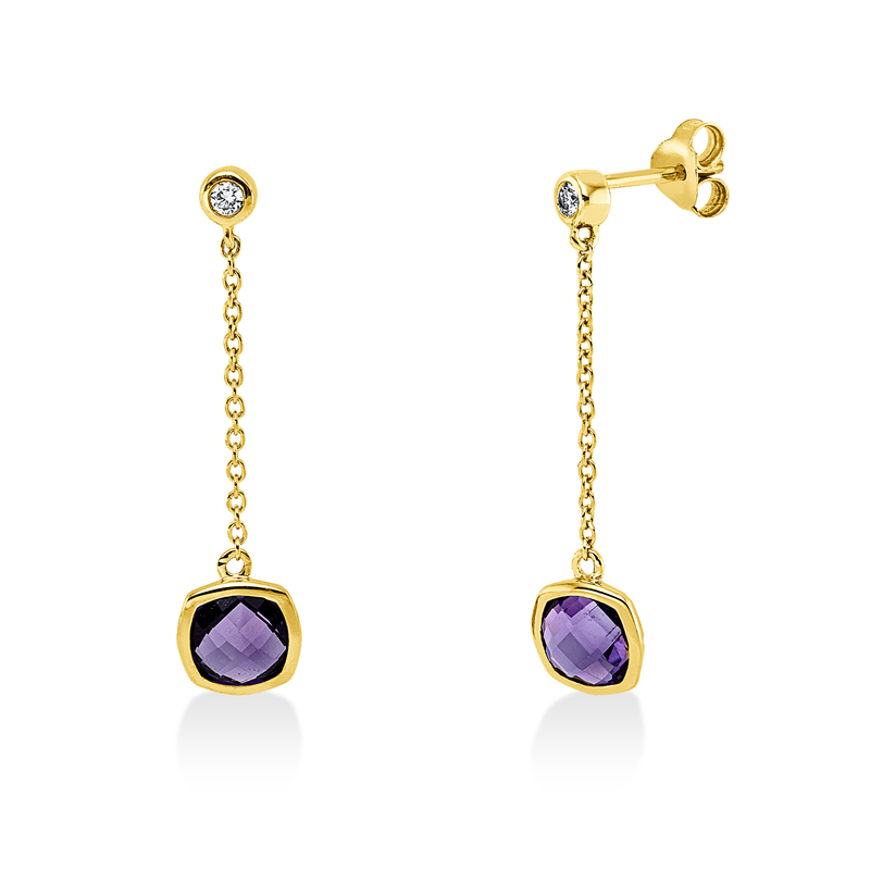 Ohrschmuck 18 kt GG, 2 Brill. 0,06 ct, TW-si, 2 Amethyste 1,60 ct lila