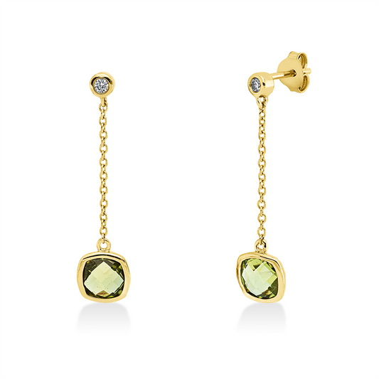 Ohrschmuck 18 kt GG, 2 Brill. 0,06 ct, TW-si, 2 Peridot 2,09 ct grün