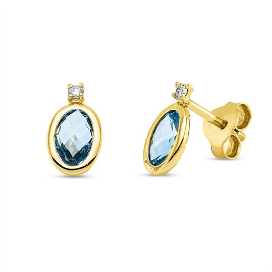 Ohrstecker 18 kt GG, 2 Brill. 0,03 ct, TW-si, 2 Topase 0,88 ct blau