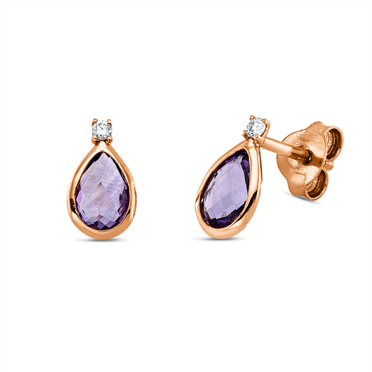 Ohrstecker 18 kt RG, 2 Brill. 0,03 ct, TW-si, 2 Amethyste 0,64 ct pink