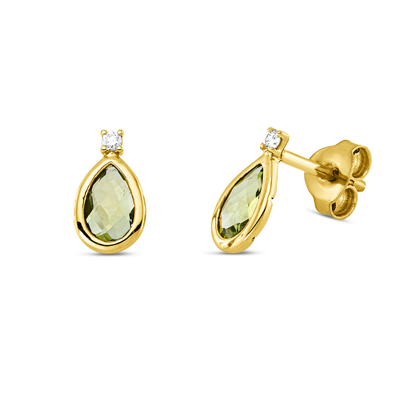 Ohrstecker 18 kt GG, 2 Brill. 0,03 ct, TW-si, 2 Peridot 0,81 ct grün