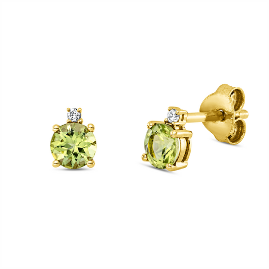 Ohrstecker 18 kt GG, 2 Brill. 0,02 ct, TW-si, 2 Peridot 0,62 ct grün