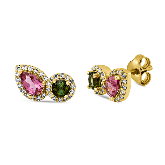 Ohrstecker 18 kt GG, 28 Dia. 0,11 ct, TW-si, 28 Dia. 0,08 ct, TW-si, 2 Turmalin 0,47 ct grün, 2 Turmalin 0,42 ct pink