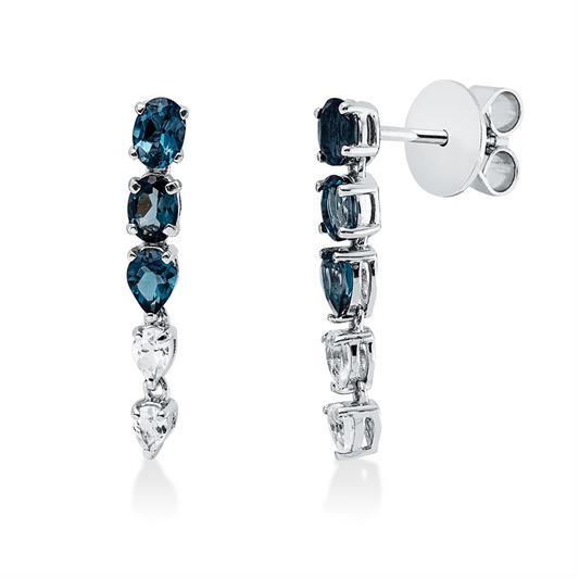 Ohrschmuck 18 kt WG, 2 Topase 0,34 ct Lond. blue, 2 Topase 0,40 ct weiß, 2 Topase 0,32 ct weiß, 4 Topase 0,48 ct Lond. blue