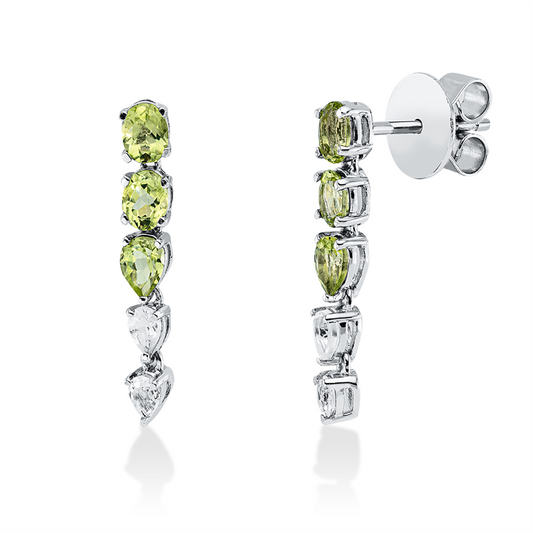 Ohrschmuck 18 kt WG, 4 Peridot 0,68 ct, 2 peridot 0,36 ct, 4 Topase 0,34 ct weiß