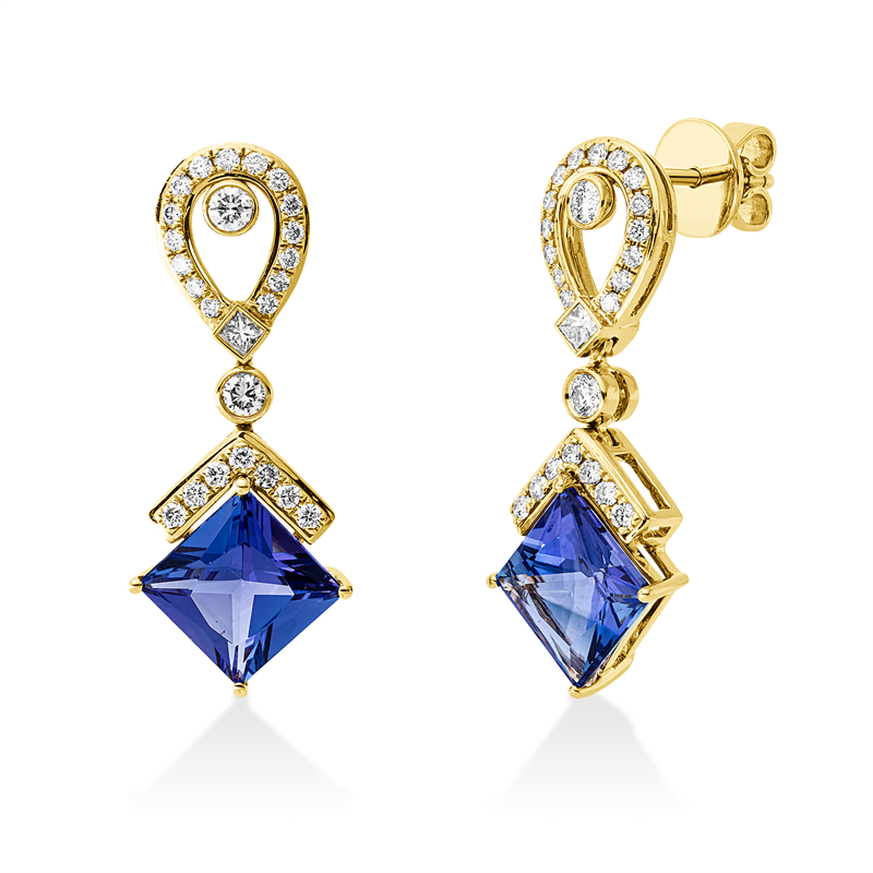 Ohrschmuck 18 kt GG, 2 Princ. 0,09 ct, TW-si, 48 Brill. 0,61 ct, TW-si, 2 Tansanit 4,79 ct blau