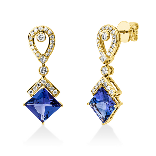 Ohrschmuck 18 kt GG, 2 Princ. 0,09 ct, TW-si, 48 Brill. 0,61 ct, TW-si, 2 Tansanit 4,79 ct blau