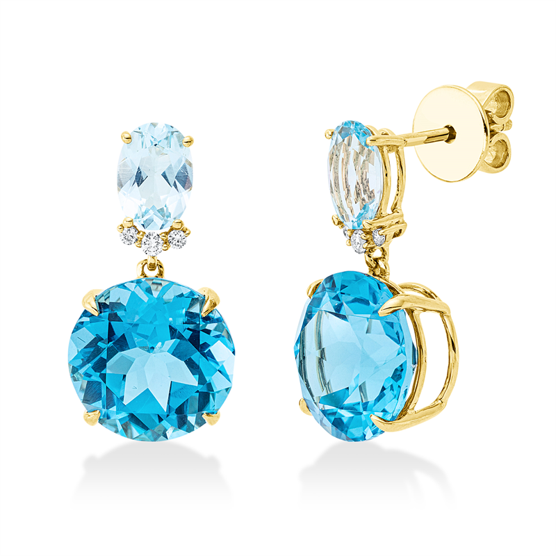 Ohrschmuck 18 kt GG, 6 Brill. 0,08 ct, TW-si, 2 Topase 12,10 ct blau, 2 Topase 1,90 ct sky blue