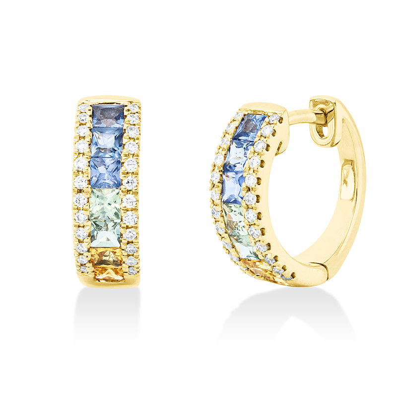 Creolen 18 kt GG, 48 Brill. 0,19ct,TW-si,4 Tsavorith 0,26ct grün,6 Sapp 0,44ct blau,4 Sapp 0,27ct gelb