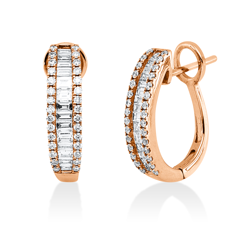 Creolen 14 kt RG, 30 Bag. 0,58 ct, TW-vsi/si, 60 Brill. 0,30 ct, TW-si