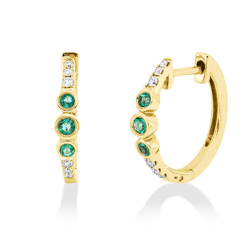 Creolen 14 kt GG, 12 Brill. 0,09 ct, TW-si, 6 Smaragde 0,14 ct grün