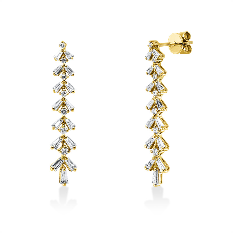 Ohrschmuck 14 kt GG, 2 Brill. 0,06 ct, TW-si, 30 Trap. 1,29 ct, TW-vsi/si, 12 Brill. 0,18 ct, TW-si