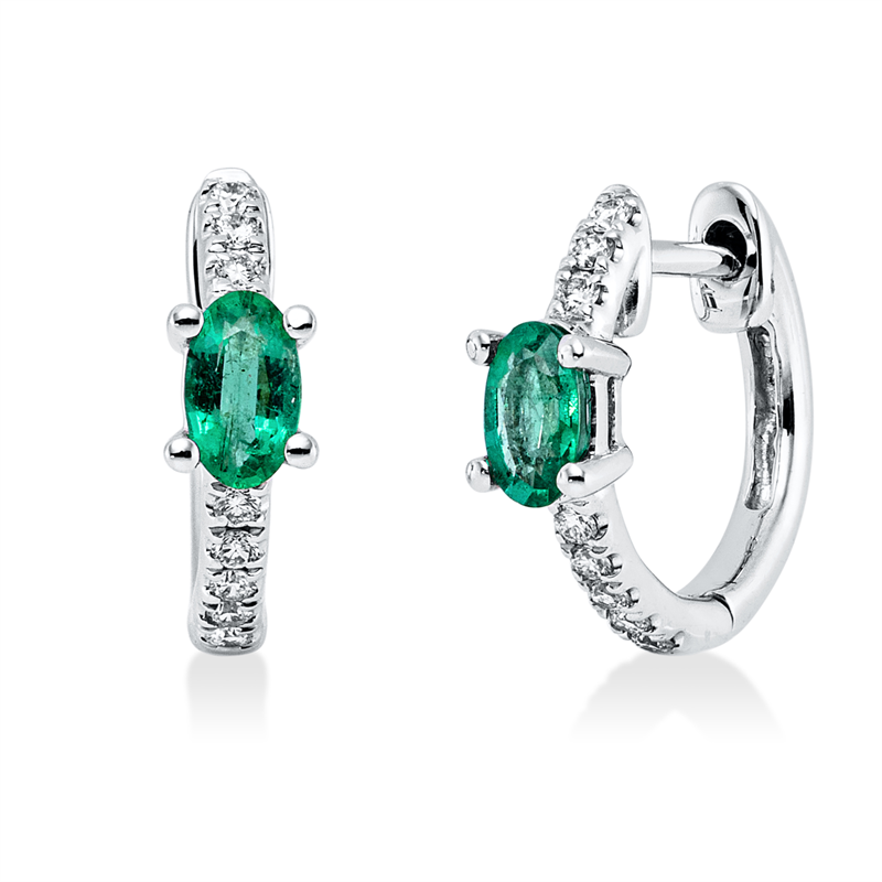 Creolen 14 kt WG, 16 Brill. 0,12 ct, TW-si, 2 Smaragde 0,37 ct grün