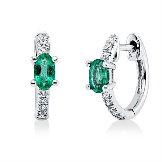 Creolen 14 kt WG, 16 Brill. 0,12 ct, TW-si, 2 Smaragde 0,37 ct grün