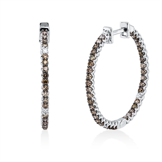 Creolen 18 kt WG, Fassung teils schwarz rhodinie, 6 Brill. 0,09 ct, TW-si, 74 Brill. 1,20 ct, braun