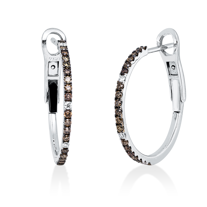 Creolen 18 kt WG, Fassung teils schwarz rhodinie, 6 Brill. 0,06 ct, TW-si, 36 Brill. 0,38 ct, braun