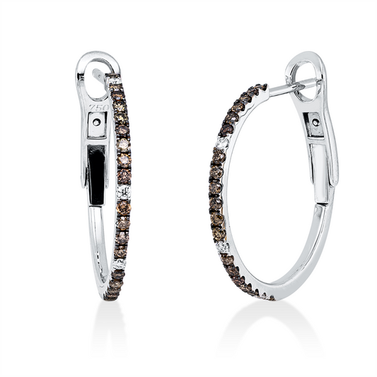 Creolen 18 kt WG, Fassung teils schwarz rhodinie, 6 Brill. 0,06 ct, TW-si, 36 Brill. 0,38 ct, braun