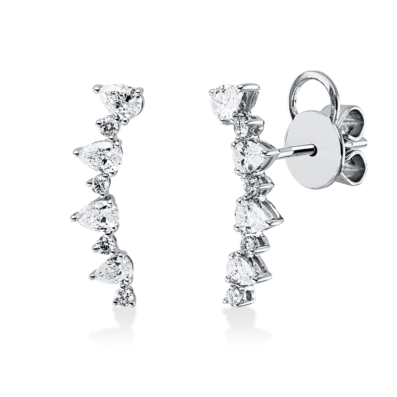 Ohrstecker 14 kt WG, 2 Tropfen 0,12 ct, TW-vsi/si, 6 Tropfen 0,57 ct, TW-vsi/si, 8 Brill. 0,15 ct, TW-si