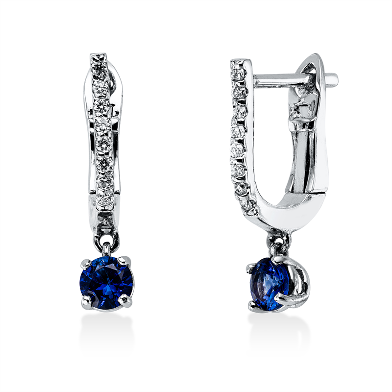 Creolen 14 kt WG, 16 Brill. 0,08 ct, TW-si, 2 Saphire 0,18 ct blau