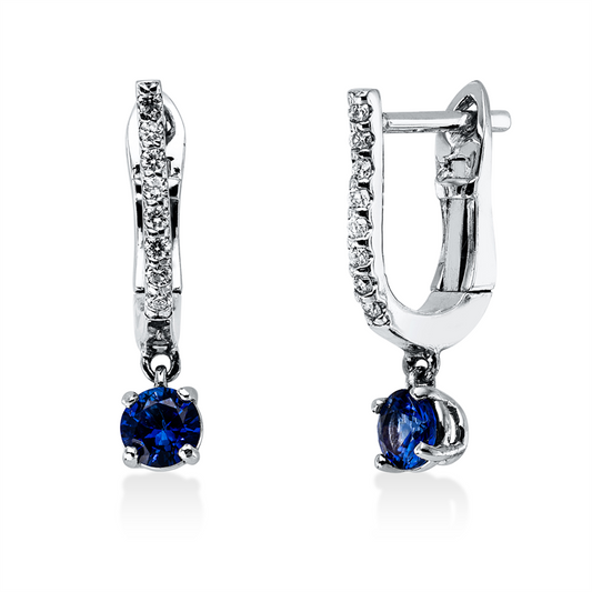 Creolen 14 kt WG, 16 Brill. 0,08 ct, TW-si, 2 Saphire 0,18 ct blau