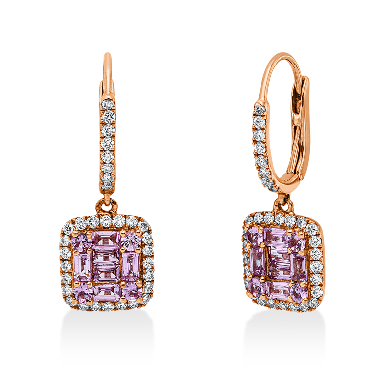 Creolen 18 kt RG, 64 Brill. 0,60 ct, TW-vsi/si, 8 Saphire 0,38 ct pink, 12 Saphire 1,12 ct pink